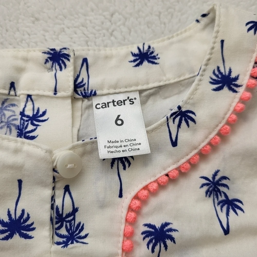 Carter's Size 6 Girls Sleeveless Top White with Blue Palm Trees Button Closure